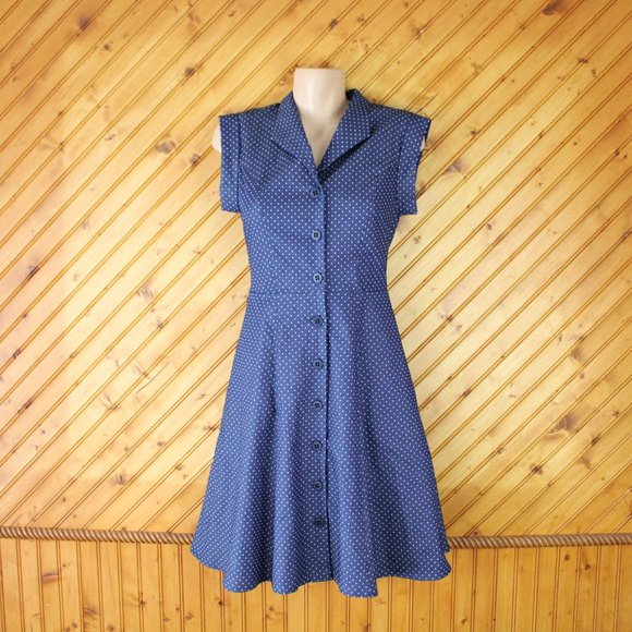 Annie 50 Cotton Dress Button Down Fit and Flare XS Navy Blue White Polka Dot D93 - Picture 2 of 12